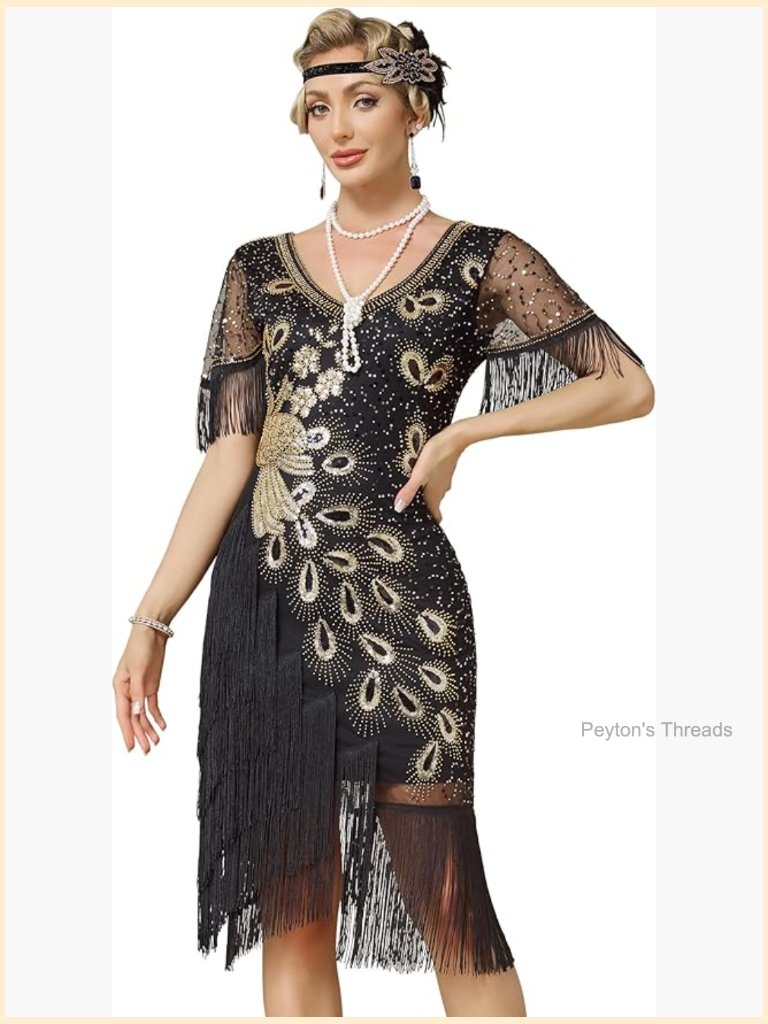 Vintage Peacock Flapper Dress Sequin Fringed Gatsby Costume